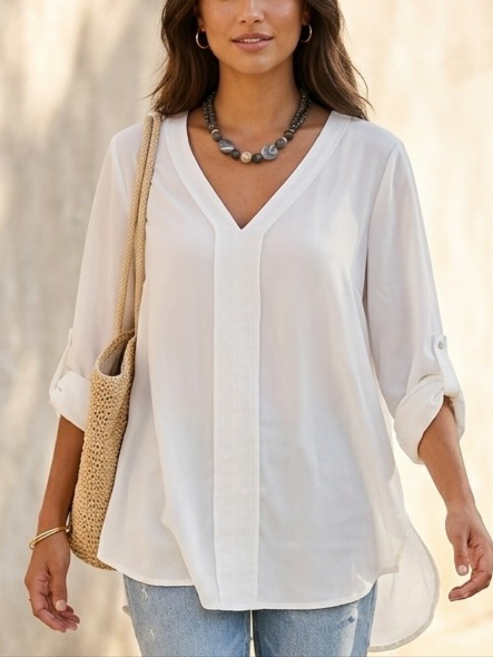 Dizzy Lizzy White Sheer V-Neck Tunic Roll-Tab Sleeve Top Size Large